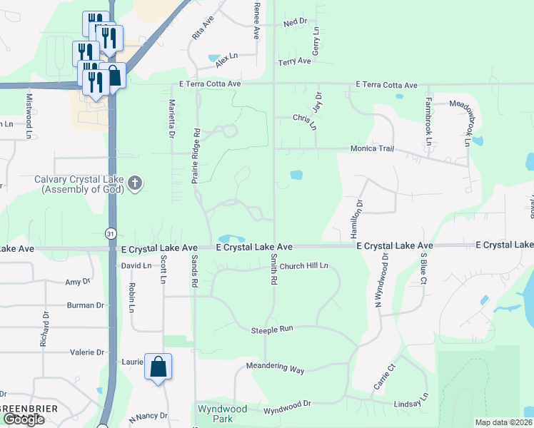 map of restaurants, bars, coffee shops, grocery stores, and more near 4127 White Ash Road in Crystal Lake