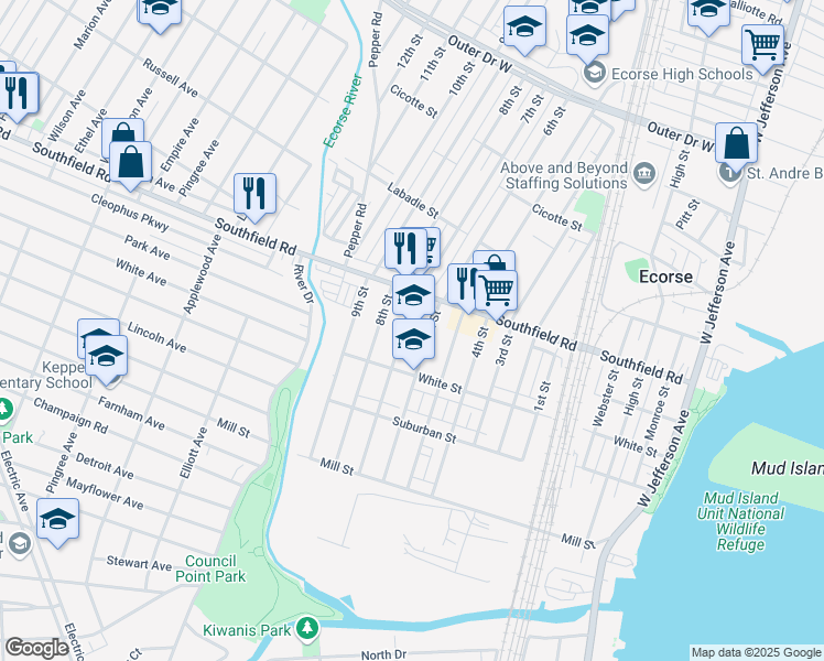 map of restaurants, bars, coffee shops, grocery stores, and more near 4536 6th Street in Ecorse