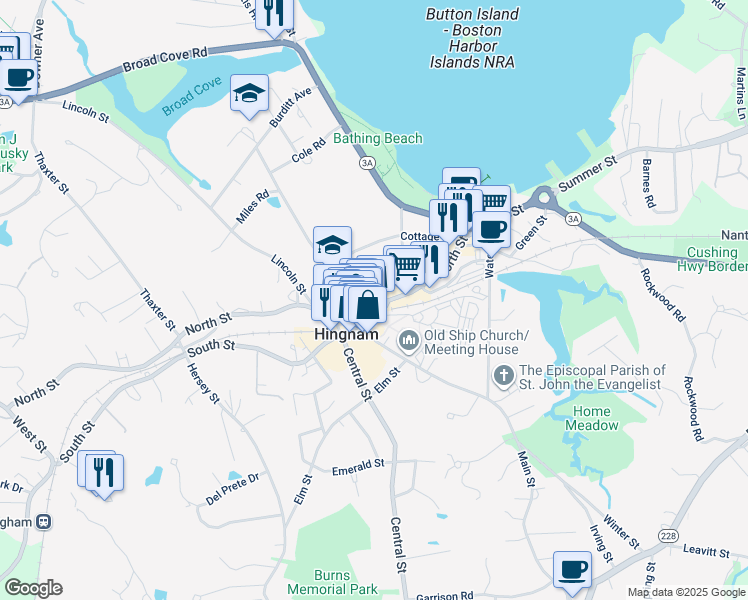 map of restaurants, bars, coffee shops, grocery stores, and more near in Hingham