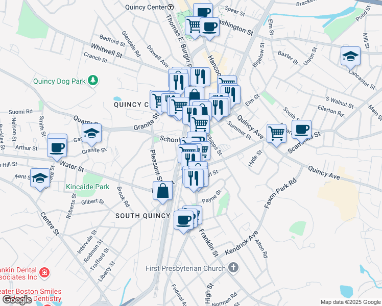 map of restaurants, bars, coffee shops, grocery stores, and more near 9 Franklin Place in Quincy