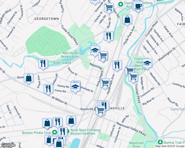 map of restaurants, bars, coffee shops, grocery stores, and more near 83 Readville Street in Boston