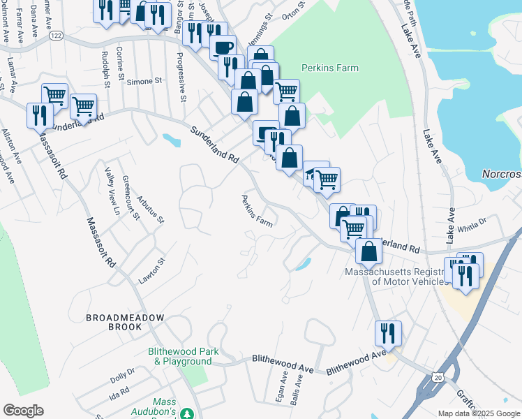 map of restaurants, bars, coffee shops, grocery stores, and more near 64 Perkins Farm in Worcester