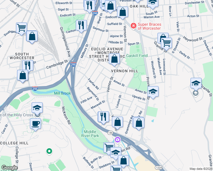 map of restaurants, bars, coffee shops, grocery stores, and more near 176 Vernon Street in Worcester