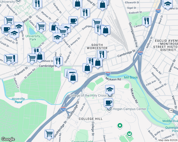 map of restaurants, bars, coffee shops, grocery stores, and more near 4 Chelsea Street in Worcester