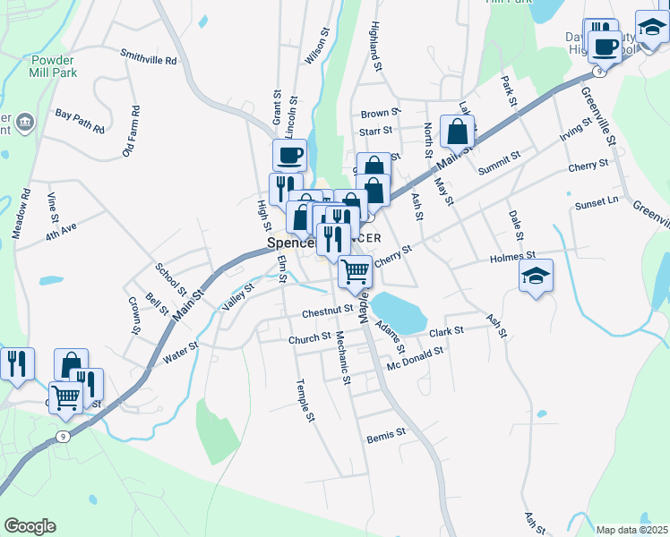 map of restaurants, bars, coffee shops, grocery stores, and more near 17 Cherry Street in Spencer