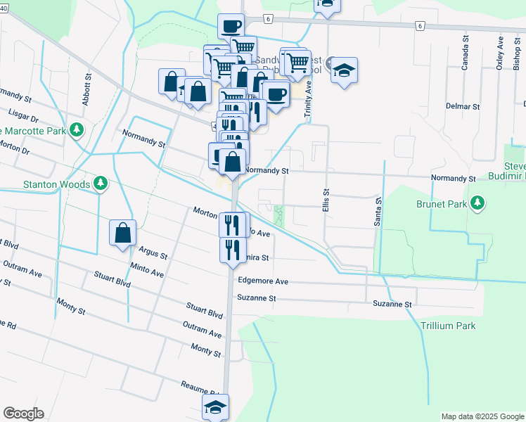 map of restaurants, bars, coffee shops, grocery stores, and more near in Windsor
