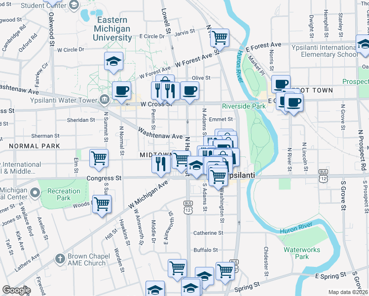 map of restaurants, bars, coffee shops, grocery stores, and more near 112 North Hamilton Street in Ypsilanti