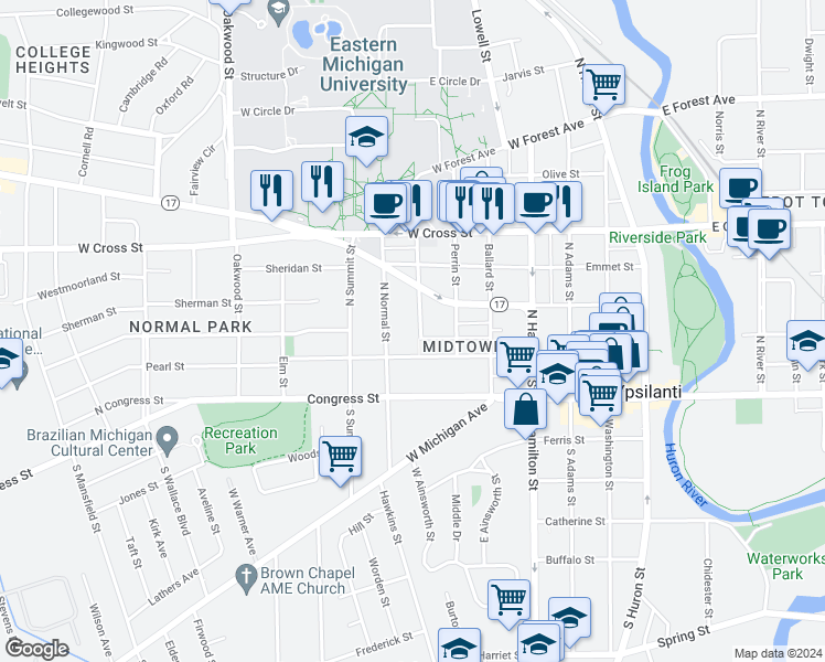 map of restaurants, bars, coffee shops, grocery stores, and more near 121 College Place in Ypsilanti