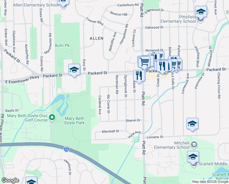map of restaurants, bars, coffee shops, grocery stores, and more near 3141 Mc Comb Street in Ann Arbor