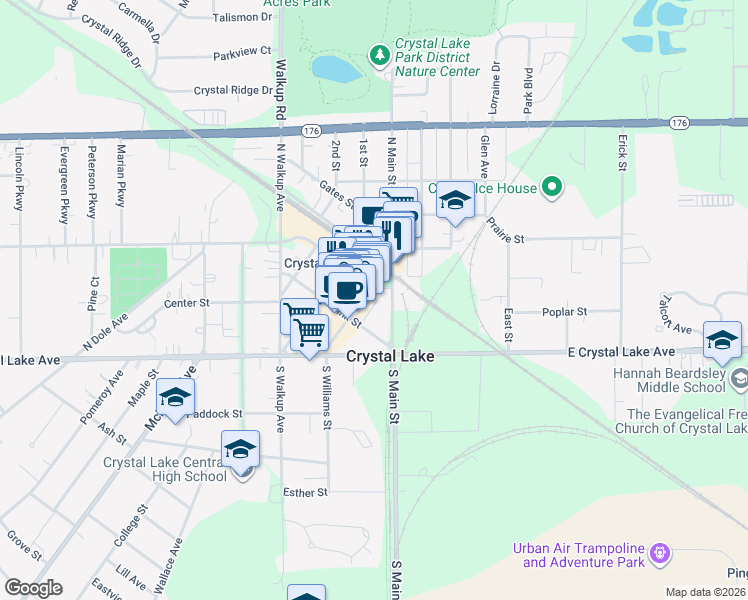 map of restaurants, bars, coffee shops, grocery stores, and more near 83 North Williams Street in Crystal Lake