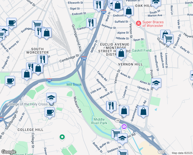 map of restaurants, bars, coffee shops, grocery stores, and more near 3 Raymond Street in Worcester
