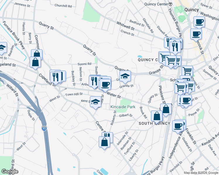 map of restaurants, bars, coffee shops, grocery stores, and more near 357 Granite Street in Quincy