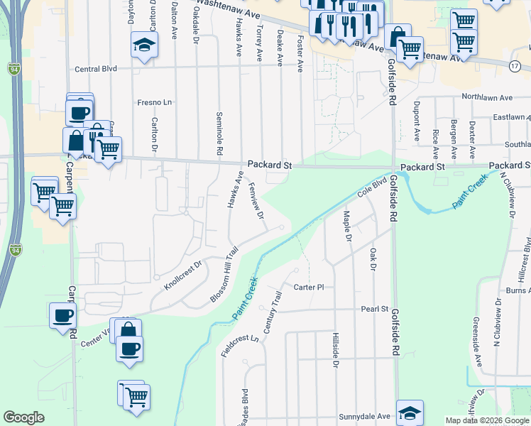 map of restaurants, bars, coffee shops, grocery stores, and more near 3179 Fenview Drive in Ann Arbor