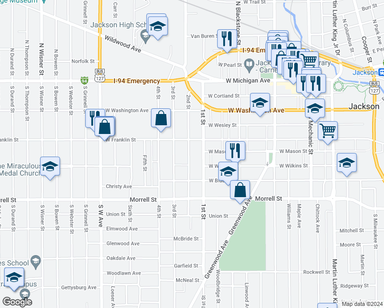 map of restaurants, bars, coffee shops, grocery stores, and more near 601 2nd Street in Jackson