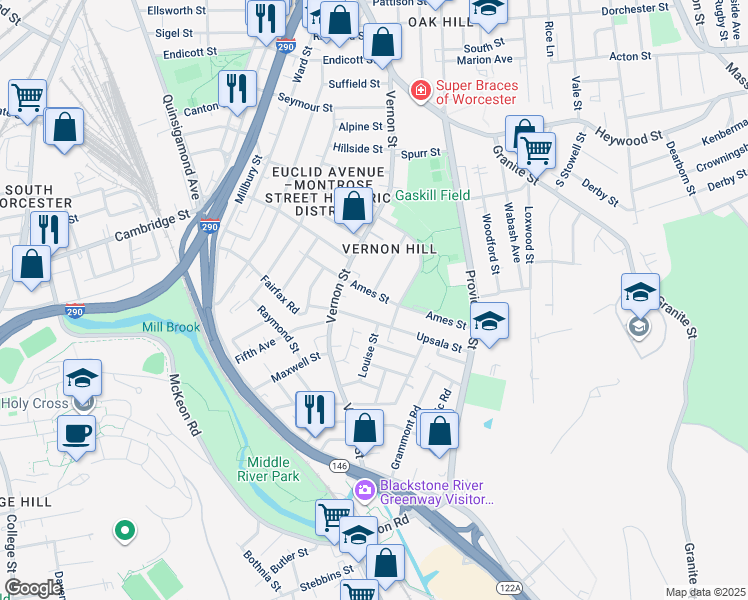 map of restaurants, bars, coffee shops, grocery stores, and more near 16 Ames Street in Worcester