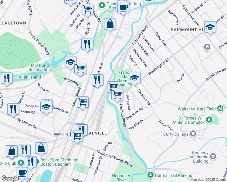 map of restaurants, bars, coffee shops, grocery stores, and more near 999 Truman Parkway in Boston