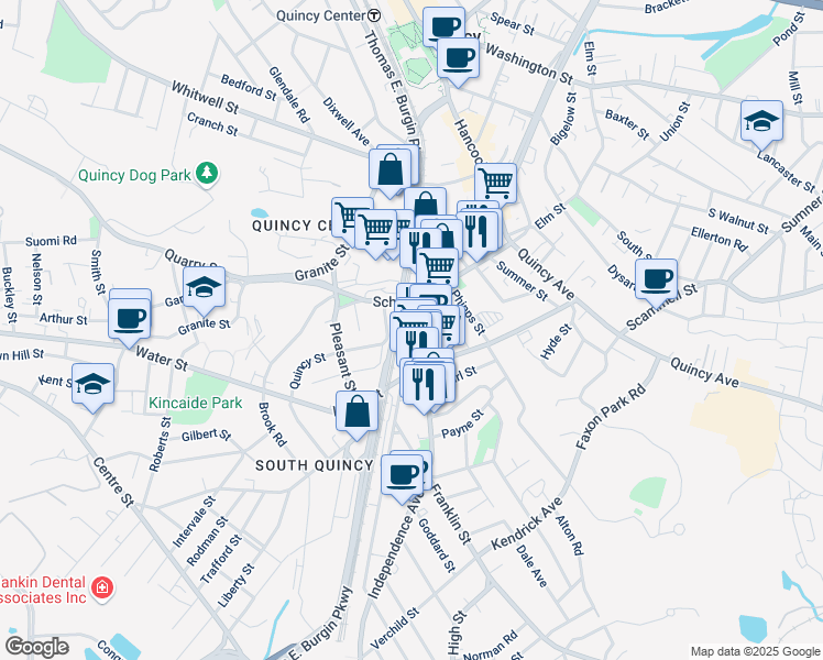 map of restaurants, bars, coffee shops, grocery stores, and more near 9 Franklin Place in Quincy