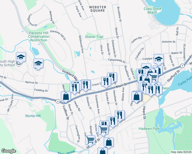 map of restaurants, bars, coffee shops, grocery stores, and more near 74 Crest Circle in Worcester
