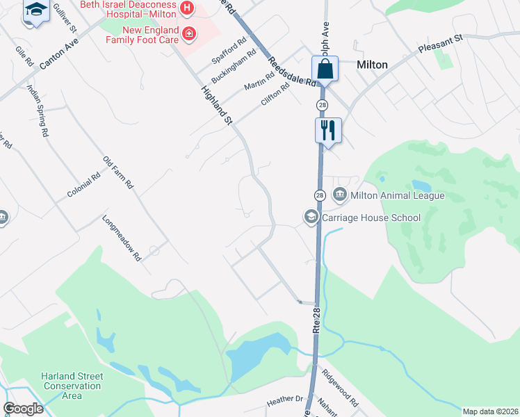 map of restaurants, bars, coffee shops, grocery stores, and more near 10 Fletcher Steele Way in Milton