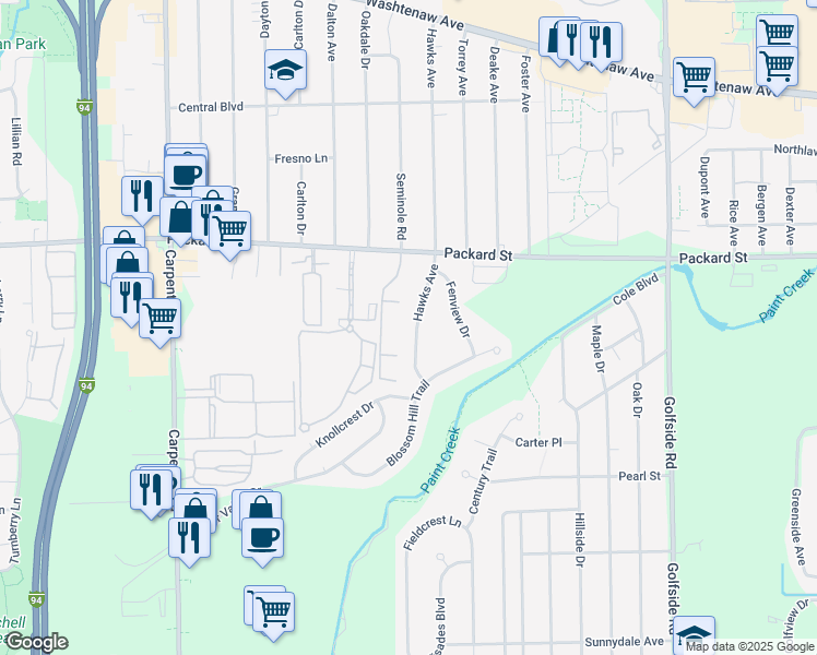 map of restaurants, bars, coffee shops, grocery stores, and more near 3166 Hawks Avenue in Ann Arbor