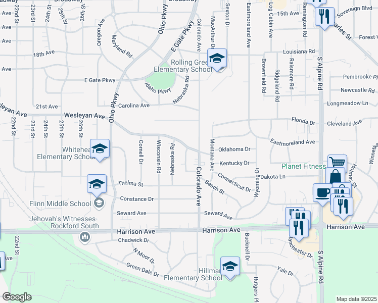 map of restaurants, bars, coffee shops, grocery stores, and more near 2306 Richard Avenue in Rockford