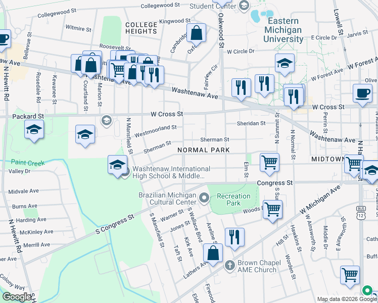 map of restaurants, bars, coffee shops, grocery stores, and more near 202 North Wallace Boulevard in Ypsilanti
