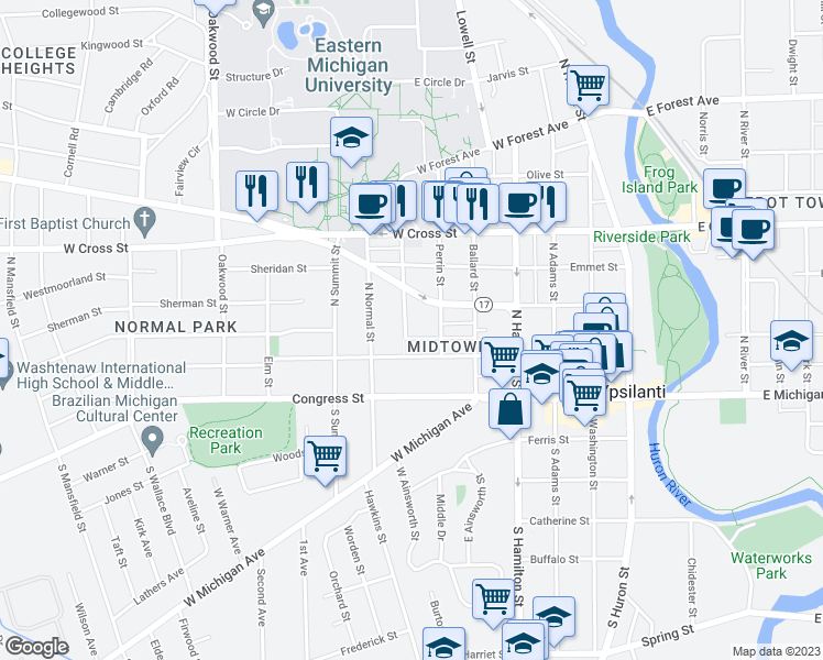 map of restaurants, bars, coffee shops, grocery stores, and more near 118 College Place in Ypsilanti