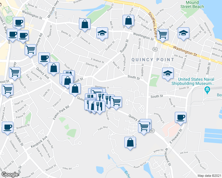 map of restaurants, bars, coffee shops, grocery stores, and more near 121 Martensen Street in Quincy