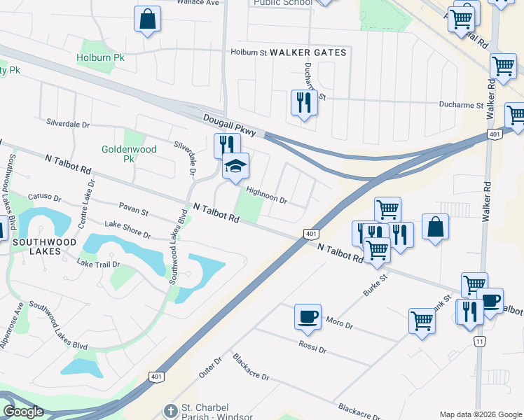 map of restaurants, bars, coffee shops, grocery stores, and more near 4361 Showdown Avenue in Windsor
