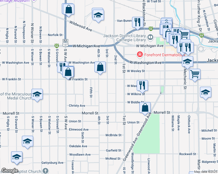 map of restaurants, bars, coffee shops, grocery stores, and more near 601 3rd Street in Jackson