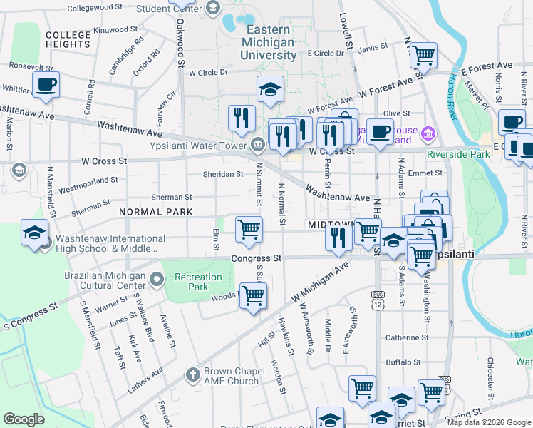map of restaurants, bars, coffee shops, grocery stores, and more near 115 North Normal Street in Ypsilanti