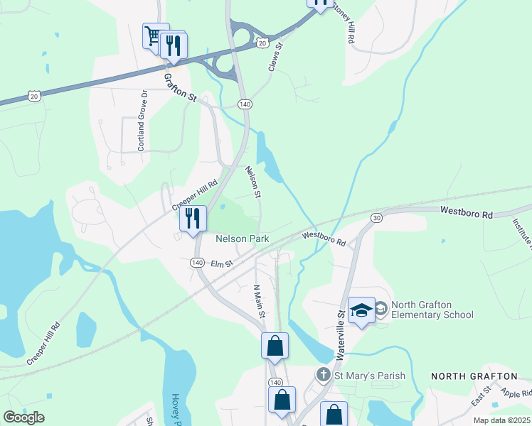 map of restaurants, bars, coffee shops, grocery stores, and more near 20 Nelson Street in Grafton