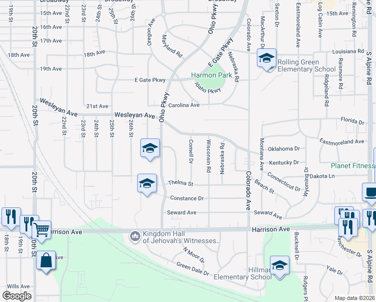 map of restaurants, bars, coffee shops, grocery stores, and more near 2323 Cornell Drive in Rockford