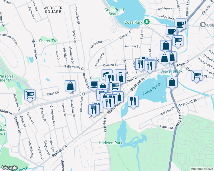 map of restaurants, bars, coffee shops, grocery stores, and more near 1238 Main Street in Worcester