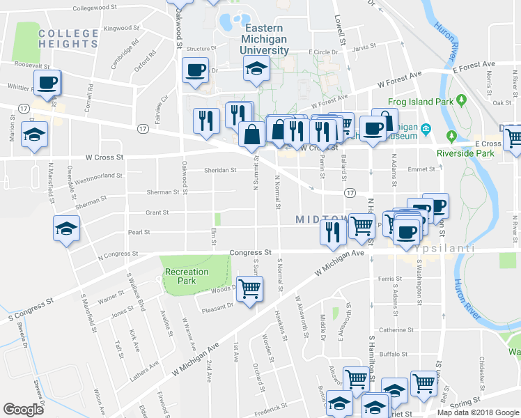 map of restaurants, bars, coffee shops, grocery stores, and more near 116 North Summit Street in Ypsilanti