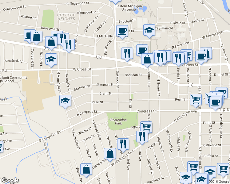 map of restaurants, bars, coffee shops, grocery stores, and more near 103 Oakwood Street in Ypsilanti