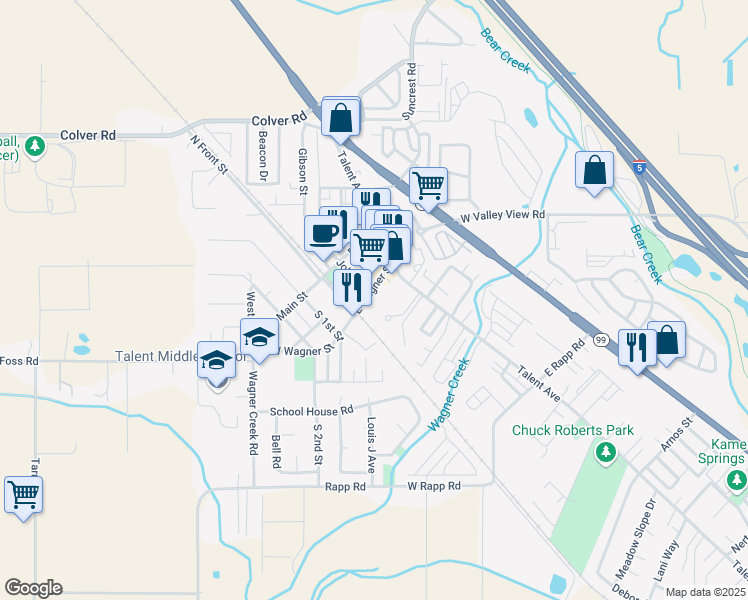 map of restaurants, bars, coffee shops, grocery stores, and more near 110 East Wagner Street in Talent