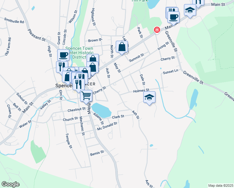 map of restaurants, bars, coffee shops, grocery stores, and more near 40 Ash Street in Spencer