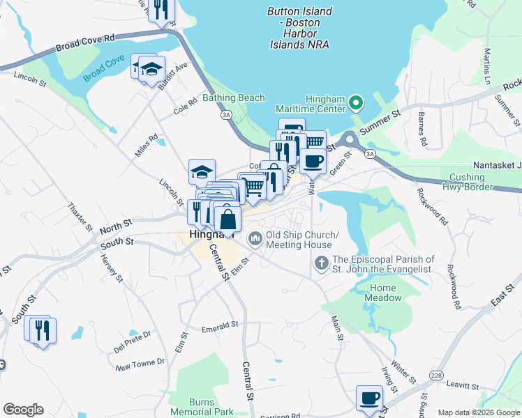 map of restaurants, bars, coffee shops, grocery stores, and more near 1 Station Street in Hingham