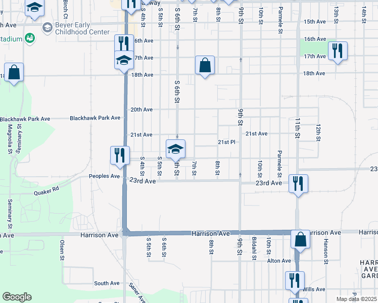 map of restaurants, bars, coffee shops, grocery stores, and more near 2234 South 6th Street in Rockford