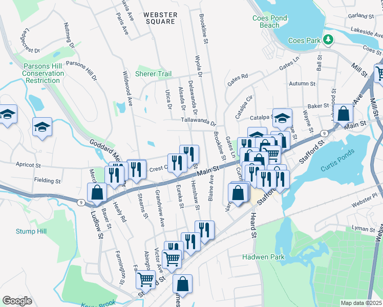 map of restaurants, bars, coffee shops, grocery stores, and more near 27 Sylvan Street in Worcester