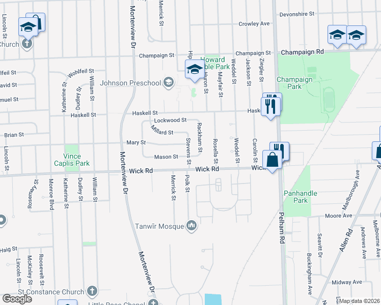 map of restaurants, bars, coffee shops, grocery stores, and more near 9045 Stevens St in Taylor