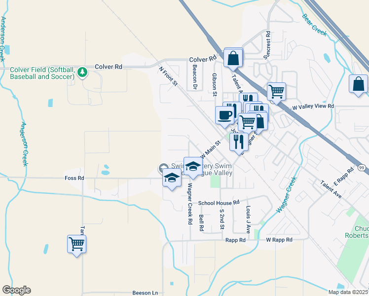 map of restaurants, bars, coffee shops, grocery stores, and more near 104 North 3rd Street in Talent