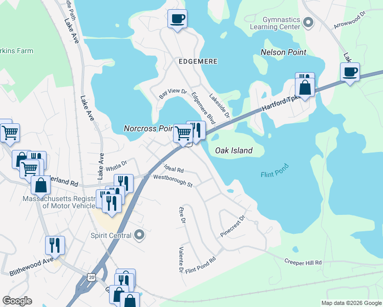map of restaurants, bars, coffee shops, grocery stores, and more near 6 Pineland Avenue in Worcester