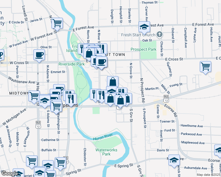 map of restaurants, bars, coffee shops, grocery stores, and more near 202 North Lincoln Street in Ypsilanti