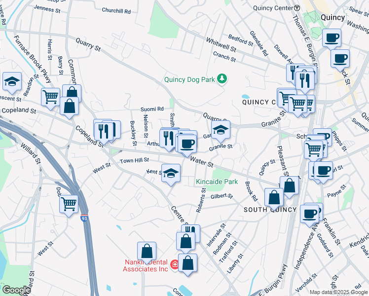 map of restaurants, bars, coffee shops, grocery stores, and more near 108 Garfield Street in Quincy