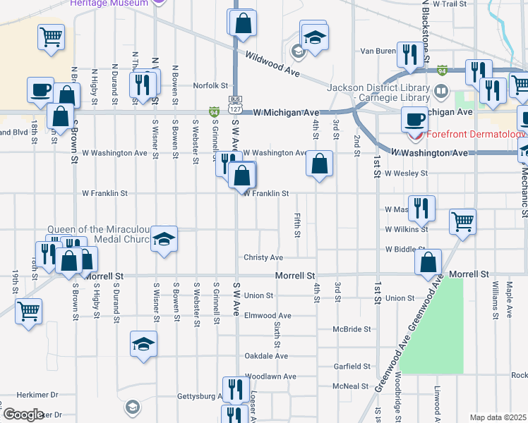 map of restaurants, bars, coffee shops, grocery stores, and more near 519 Seventh St in Jackson