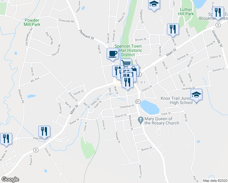 map of restaurants, bars, coffee shops, grocery stores, and more near 16 Wall Street in Spencer