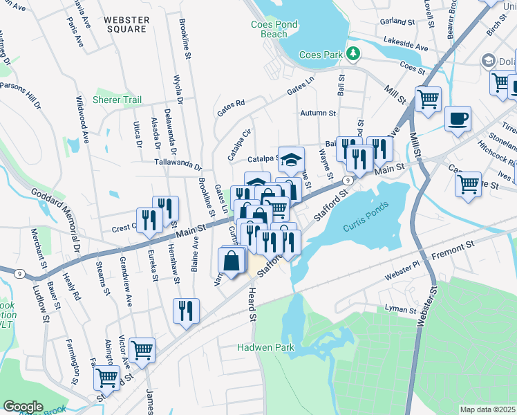 map of restaurants, bars, coffee shops, grocery stores, and more near 1238 Main Street in Worcester