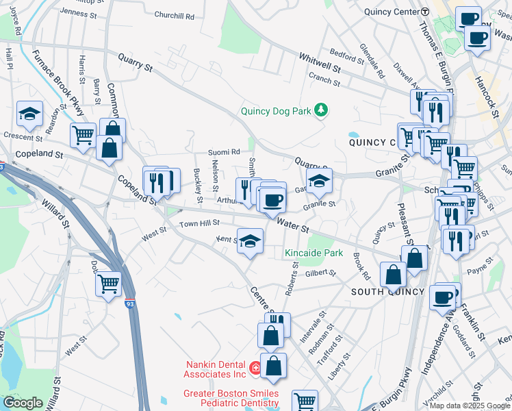 map of restaurants, bars, coffee shops, grocery stores, and more near 10 Arthur Street in Quincy